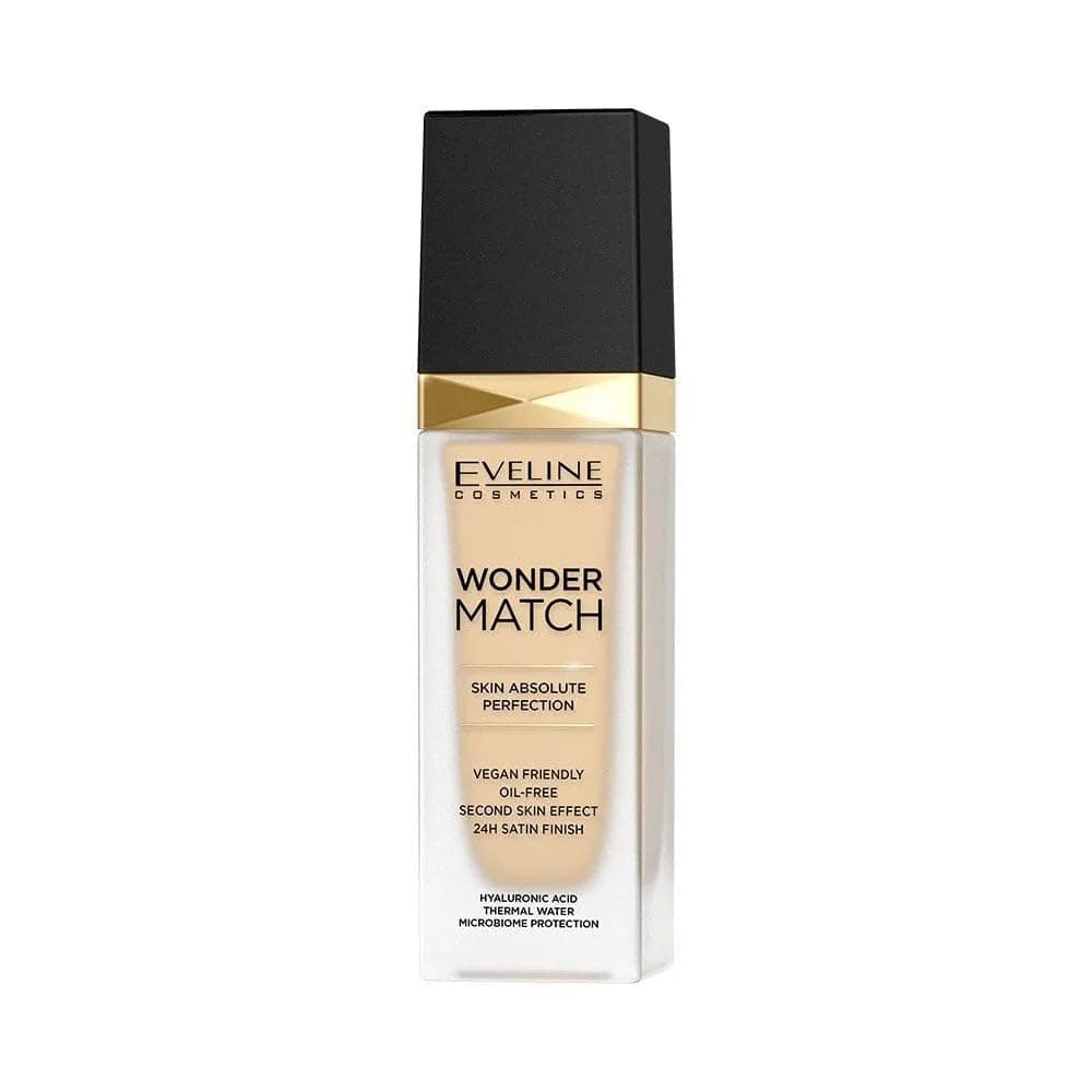 Eveline Cosmetics Wonder Match luxuriöse adaptive Foundation, aufbaubare Deckkraft, Satin-Finish, ölfreie Formel mit Hyaluronsäure, Thermalwasser und Acai-Extrakt, 30 ml
