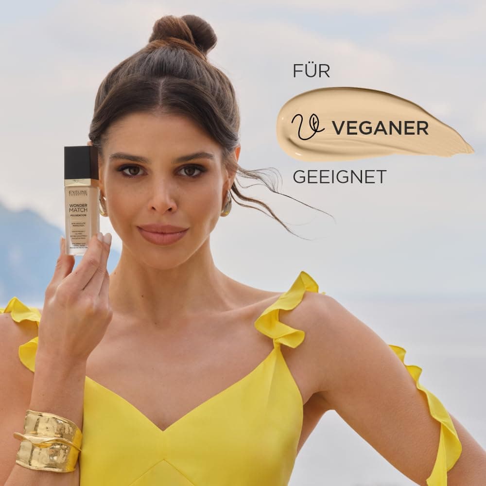 Eveline Cosmetics Wonder Match luxuriöse adaptive Foundation, aufbaubare Deckkraft, Satin-Finish, ölfreie Formel mit Hyaluronsäure, Thermalwasser und Acai-Extrakt, 30 ml