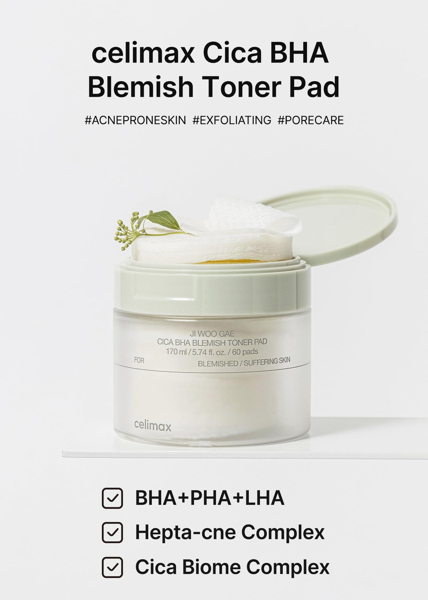 celimax Ji.Woo.Gae CICA BHA Blemish Toner Pad, 60 gab.