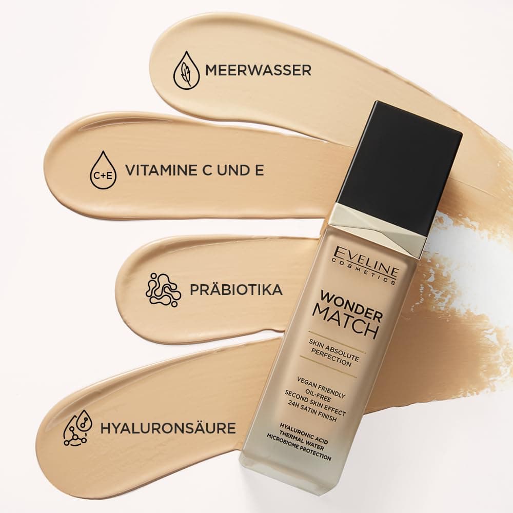 Eveline Cosmetics Wonder Match luxuriöse adaptive Foundation, aufbaubare Deckkraft, Satin-Finish, ölfreie Formel mit Hyaluronsäure, Thermalwasser und Acai-Extrakt, 30 ml