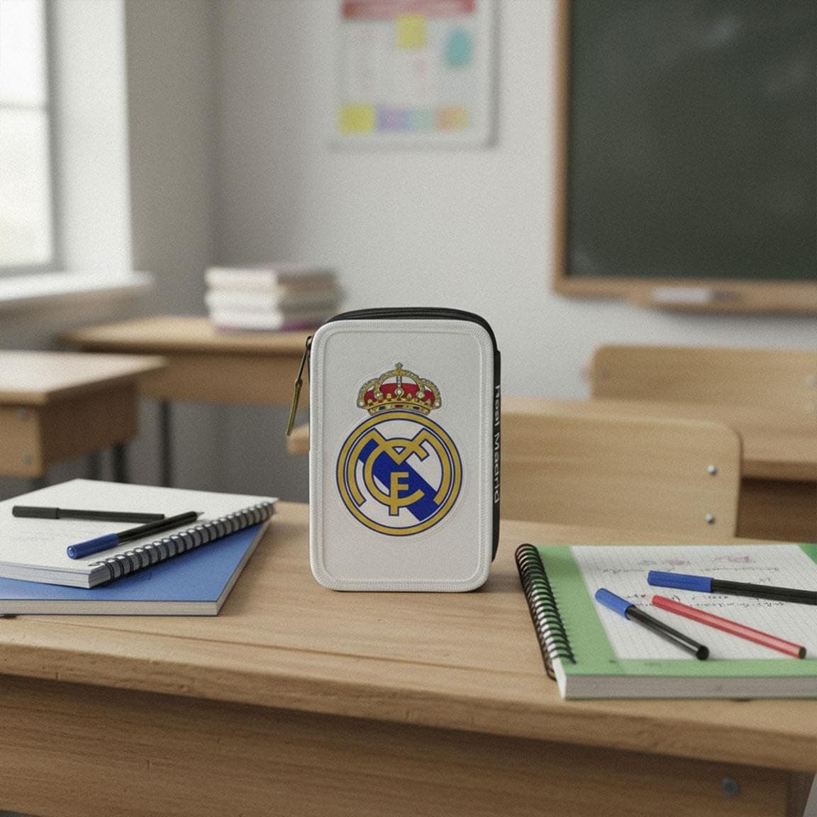 Federmäppchen mit Zubehör von Giotto Real Madrid, mit Bleistiften, Filzstiften und Kugelschreibern, Dreifach-Schuletui für Fußballfans