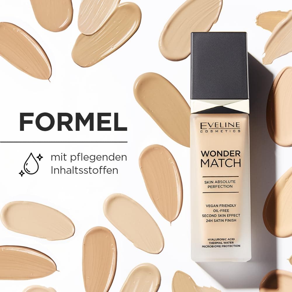 Eveline Cosmetics Wonder Match luxuriöse adaptive Foundation, aufbaubare Deckkraft, Satin-Finish, ölfreie Formel mit Hyaluronsäure, Thermalwasser und Acai-Extrakt, 30 ml