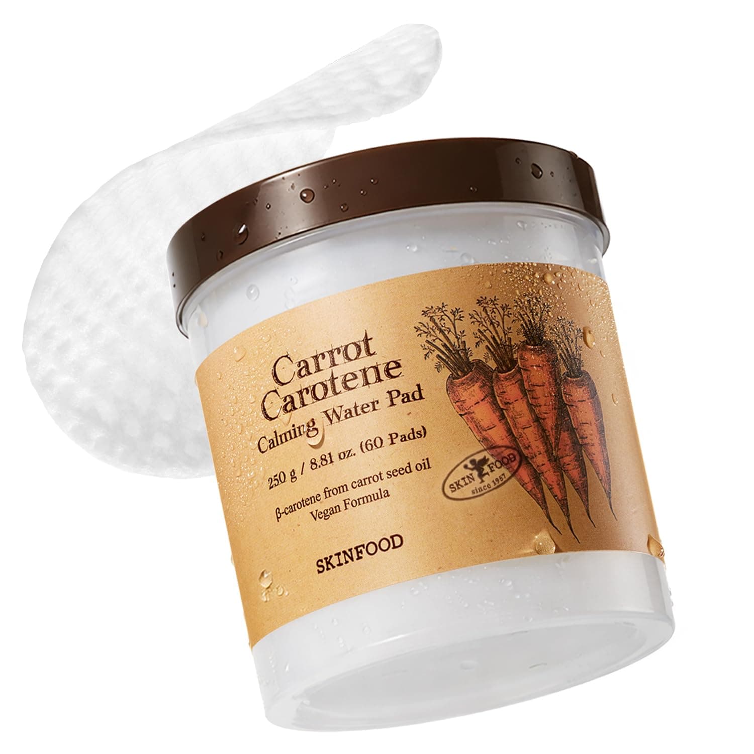 SKIN FOOD since 1957 Karottenkarotin Beruhigendes Wasserpad 250g (8.81 oz.) 60 Blatt - Rötungen lindernde Gesichts-Wattepads für empfindliche Haut, vegan, tierversuchsfrei