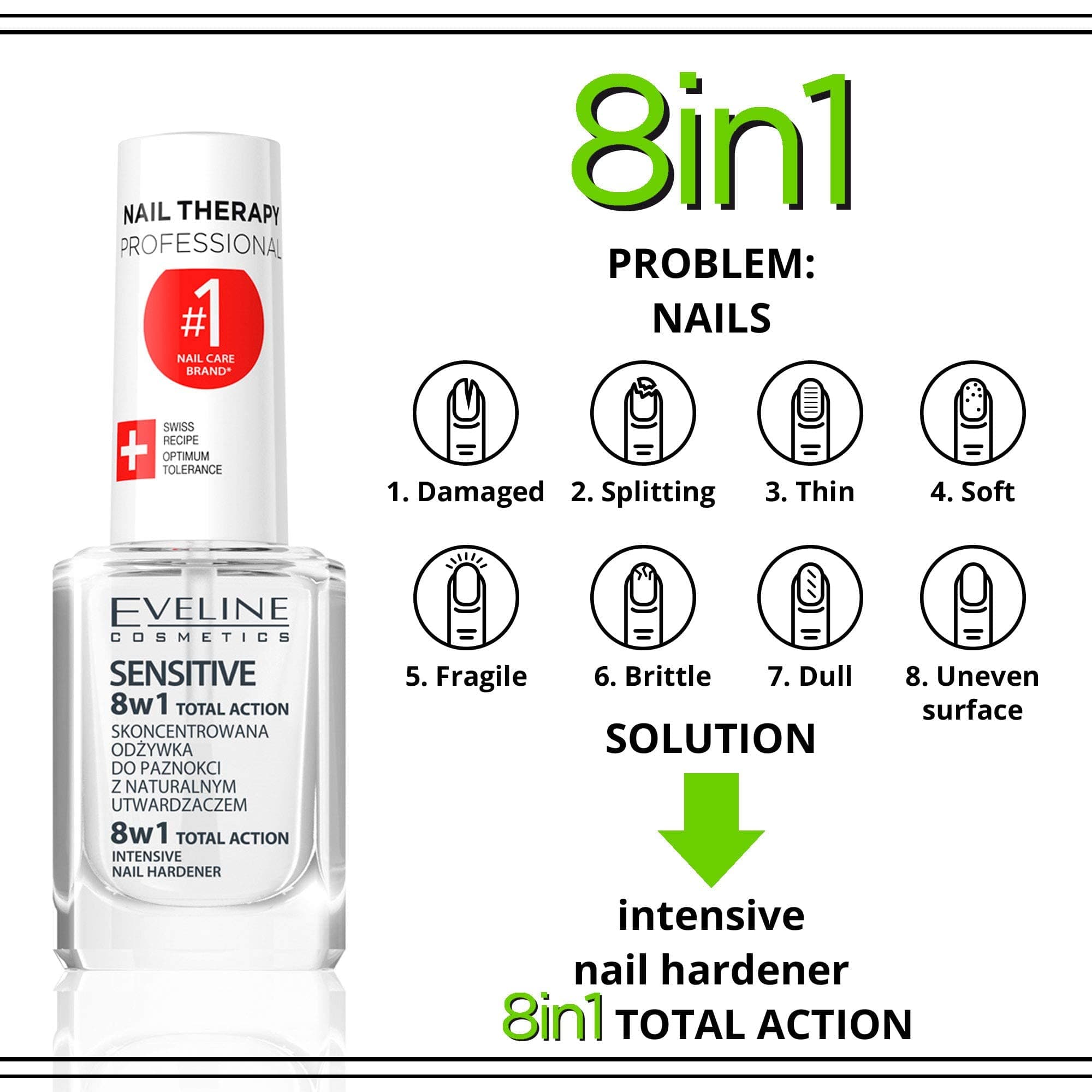 Eveline Cosmetics Nail Therapy Professional 8in1 Total Action Sensitive nagu stiprinātājs