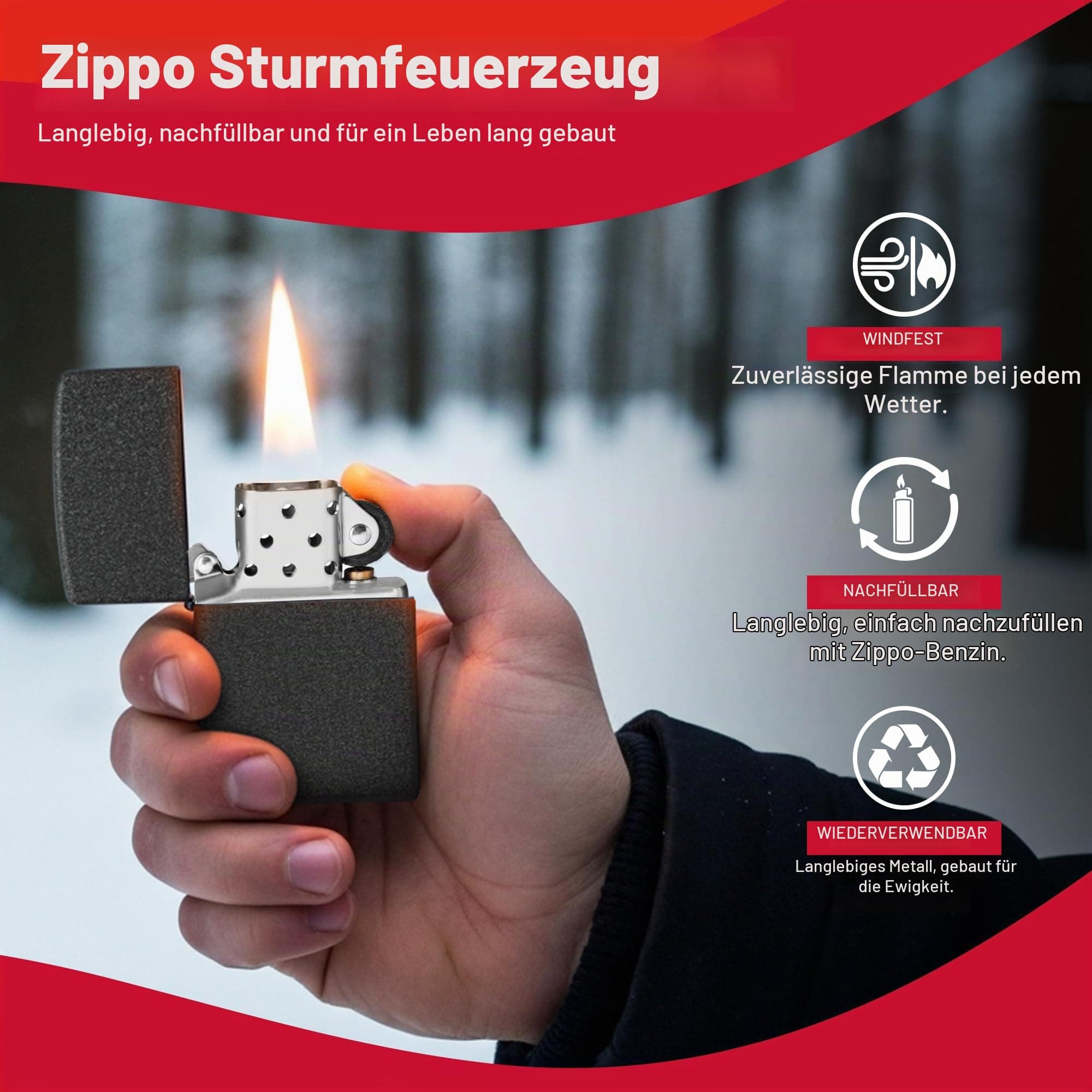 Zippo Sturmfeuerzeug - Black Crackle, Base Model - Nachfüllbar - Wiederverwendbar - Windfestes Design - Geschenkbox - Made in USA