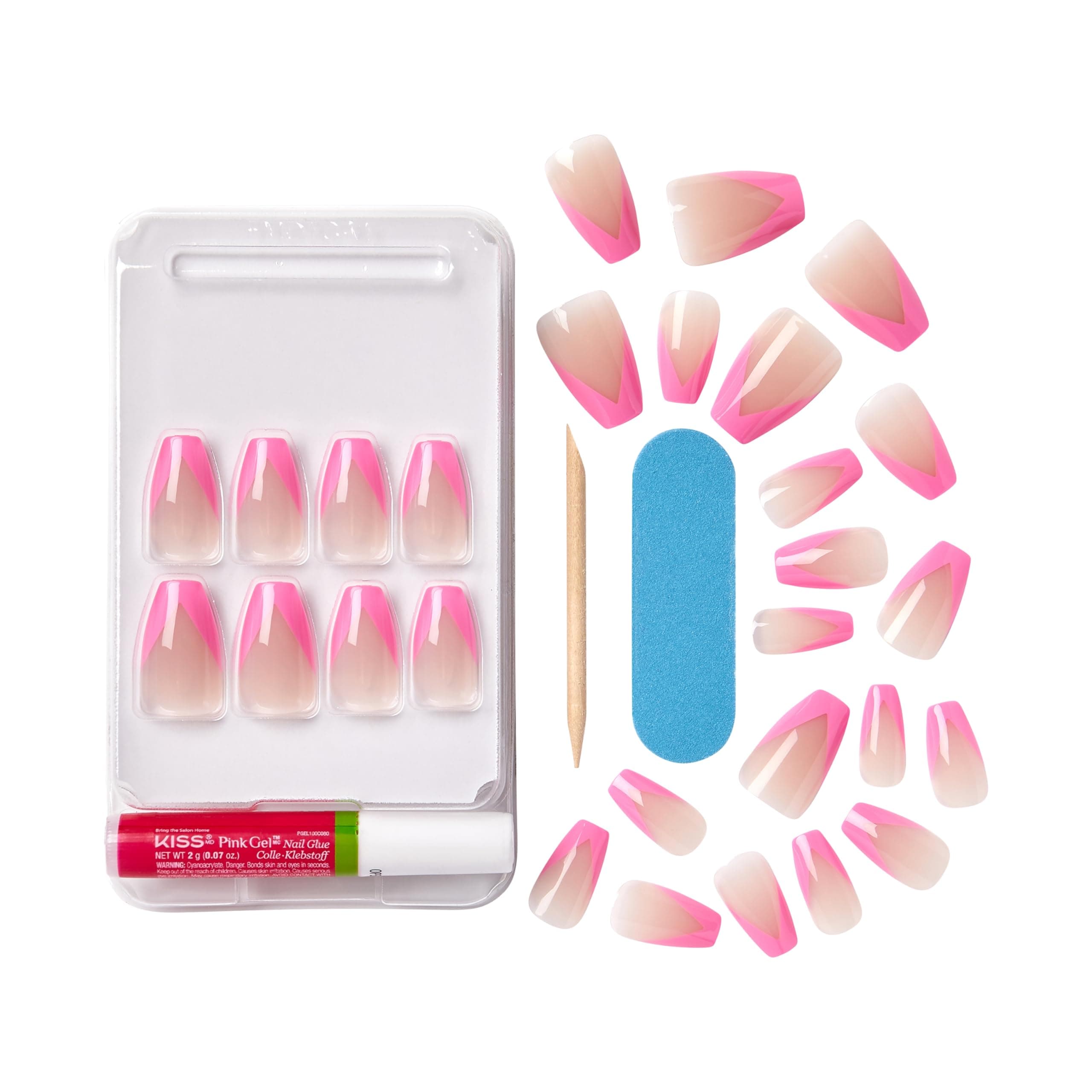 Acrylic Nude French Press-On Nails Kit - Squared Pink Kurze Kunstnägel, Dual Form Gel, Nagelaufbau-Effekt, komplettes Set mit Kleber für künstliche Nägel und Tips aus Gel Maniküre