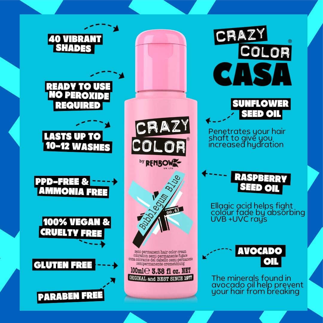 Crazy Color Renbow Semi Permanent Hair Color Cream Bubblegum Blue No.63