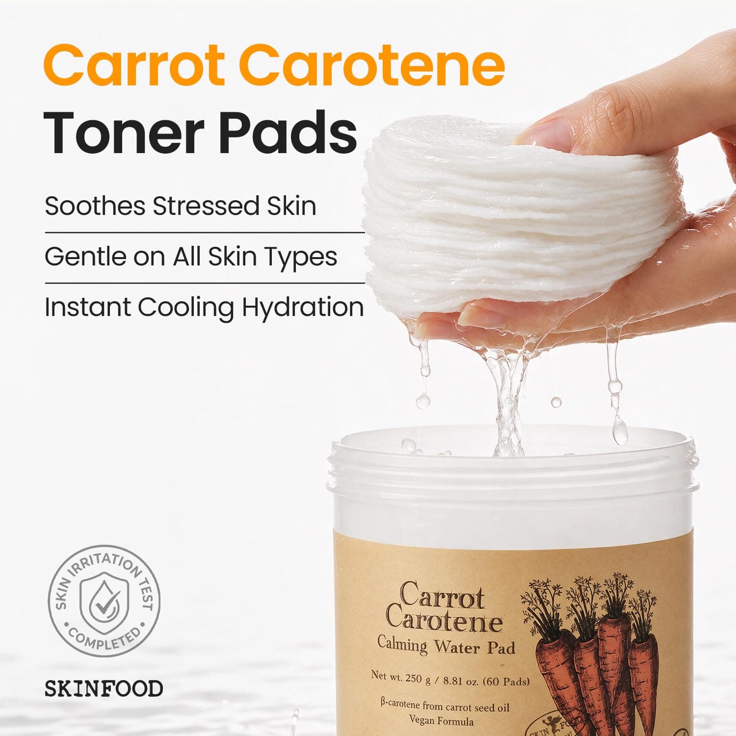 SKIN FOOD since 1957 Karottenkarotin Beruhigendes Wasserpad 250g (8.81 oz.) 60 Blatt - Rötungen lindernde Gesichts-Wattepads für empfindliche Haut, vegan, tierversuchsfrei