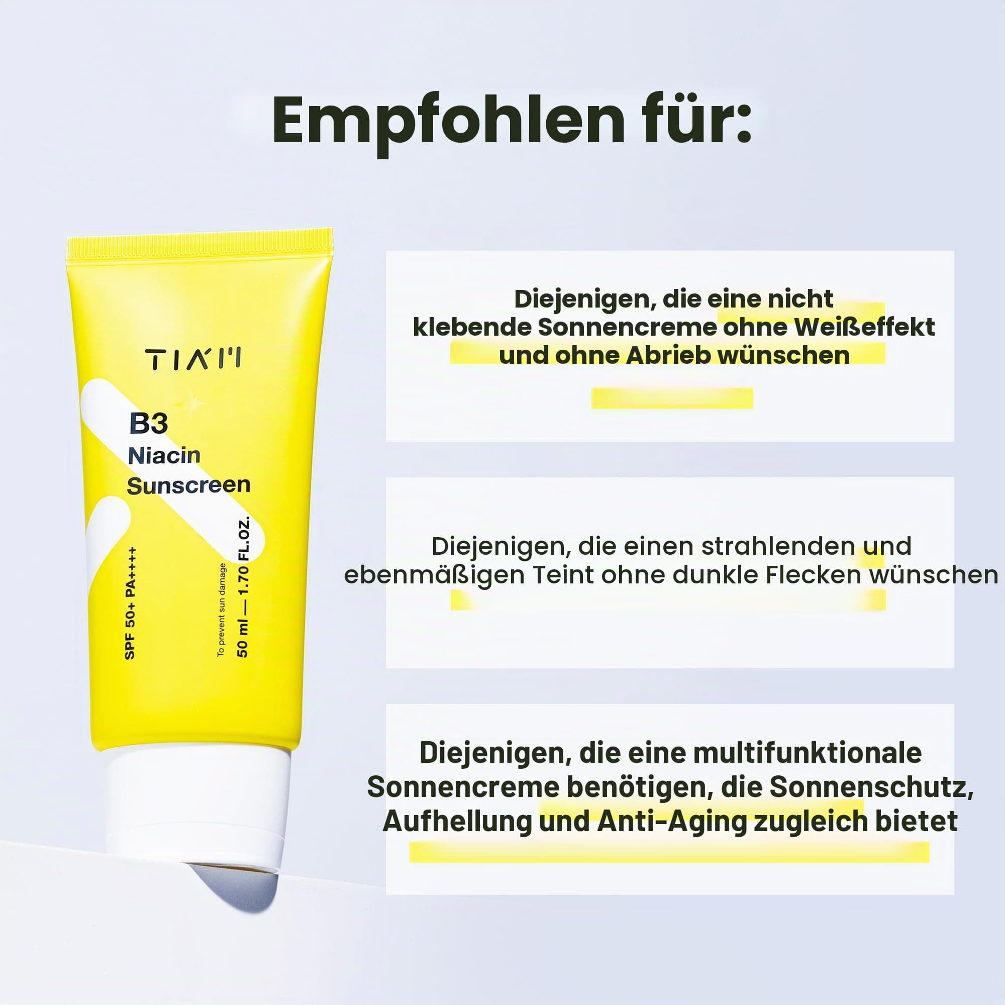 [TIAM] Niacinamīds SPF50+ PA++++ Sejas Sauļošanās Krēms