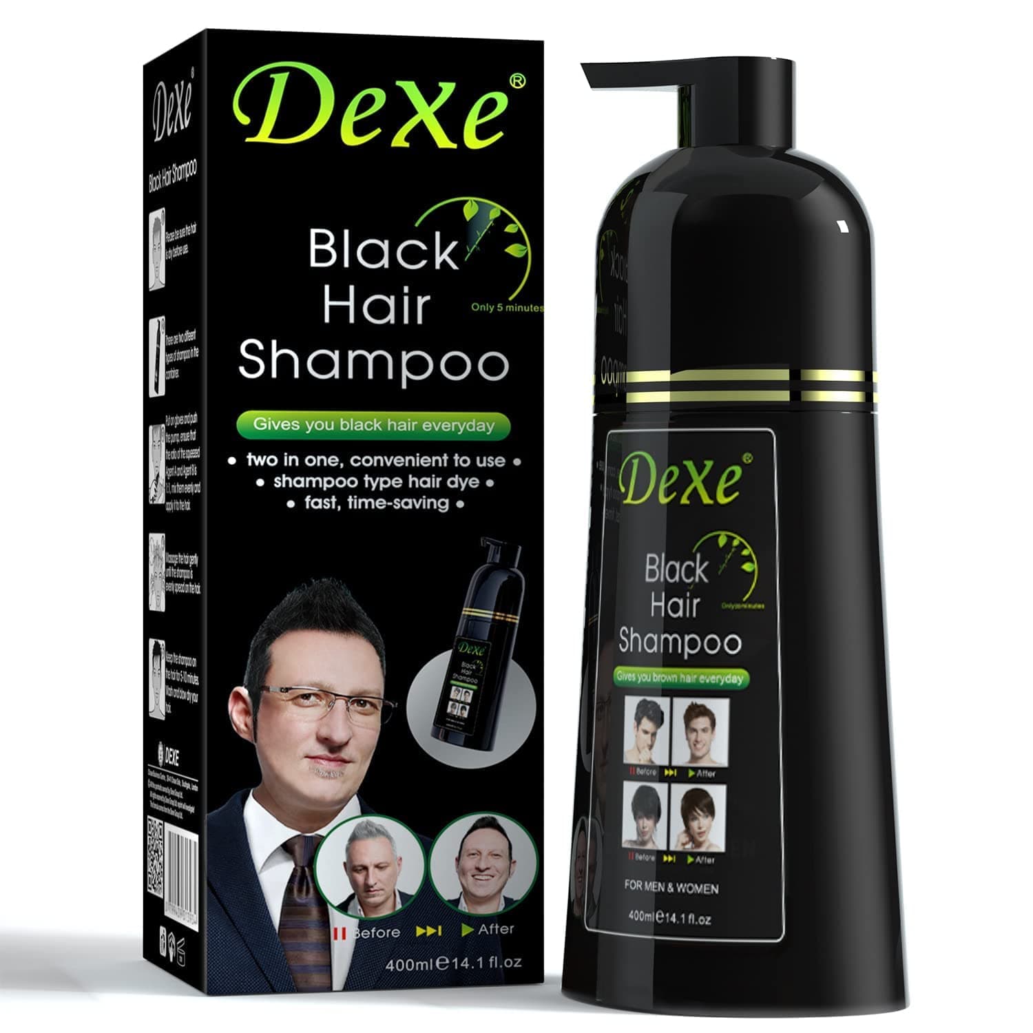 Dexe Schwarzes Haarshampoo, 400 ml, sofortige Haarfärbemittel für Männer und Frauen, schwarze Farbe – einfach anzuwenden – hält 30 Tage – schnell wirkende natürliche Inhaltsstoffe
