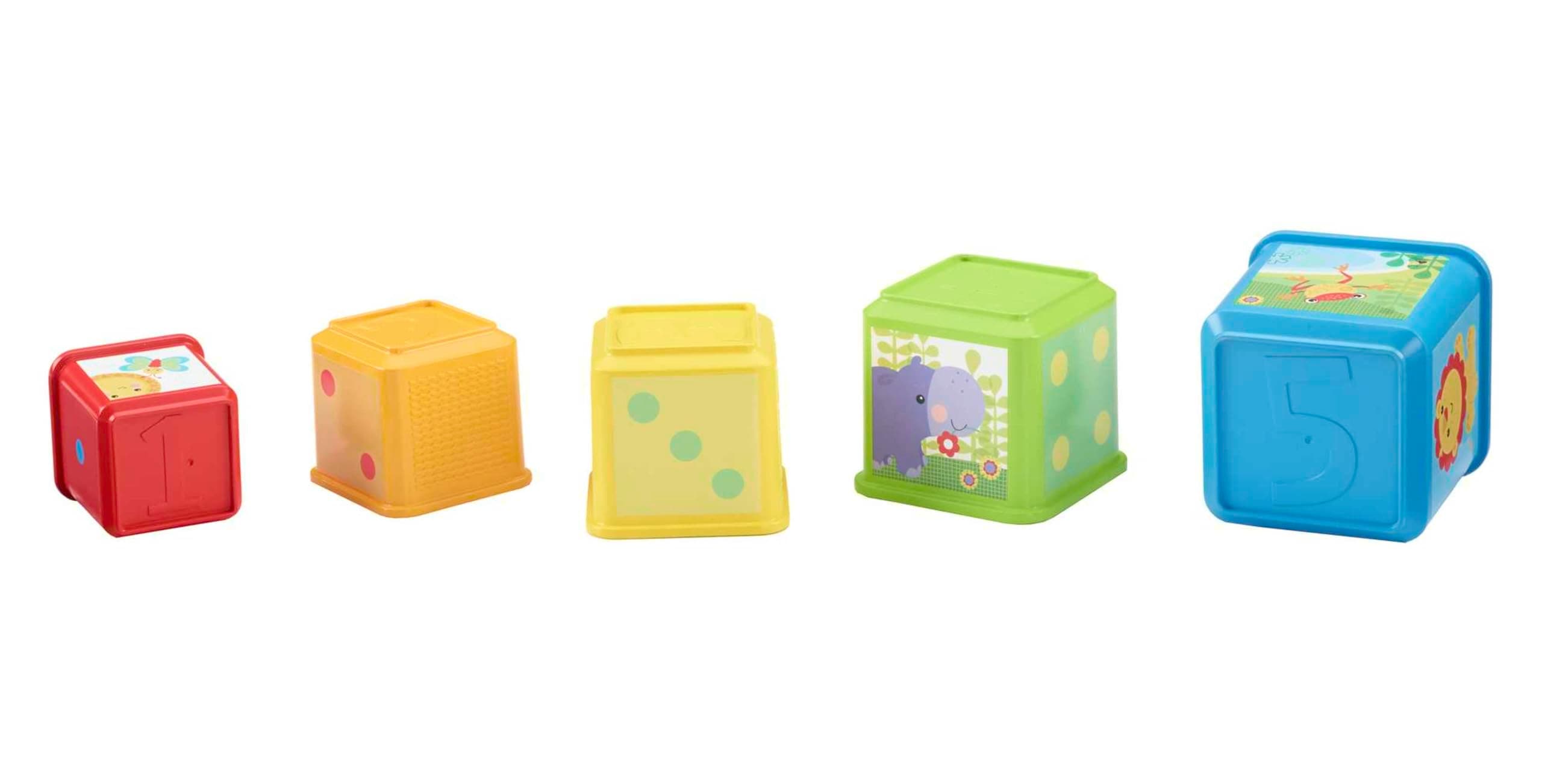 Fisher-Price Kraukšķīgie kluči - 5 kluči ar figūrām, cipariem un priekšmetiem