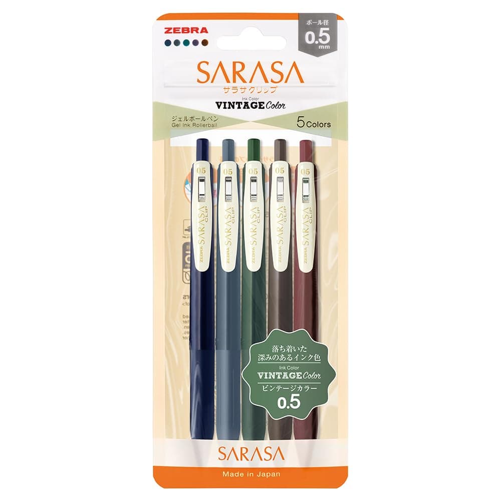 ZEBRA Sarasa Clip 0.5mm Gel Pen Vintage Colors 5 Colors Set A