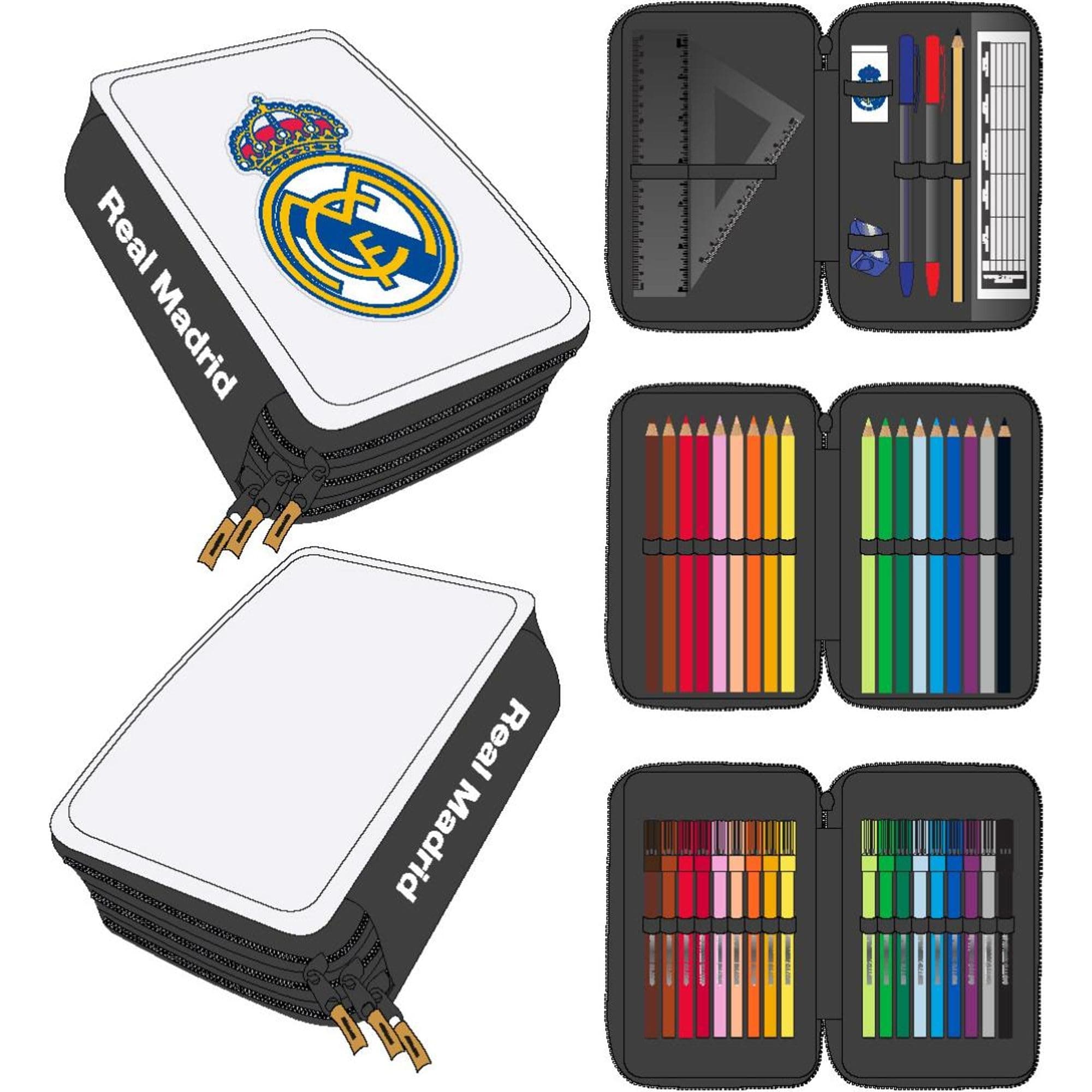 Federmäppchen mit Zubehör von Giotto Real Madrid, mit Bleistiften, Filzstiften und Kugelschreibern, Dreifach-Schuletui für Fußballfans